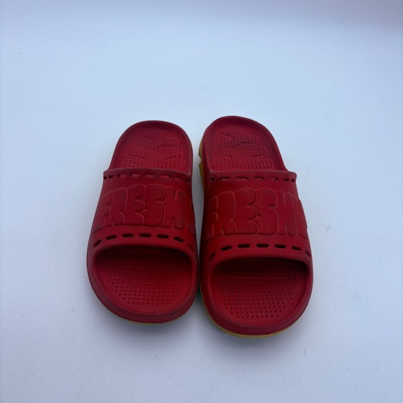 Freshly Other - Freshly Red Yellow Rubber Slide Sandals Men 8 Women 10 Embossed Logo Streetwear